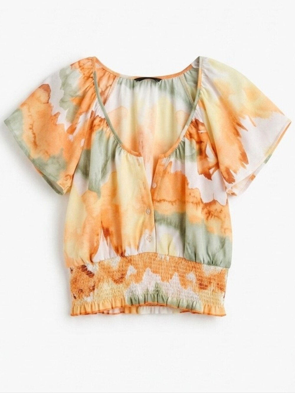 Boho Orange & Green Tie-Dye Smocked Waist Top